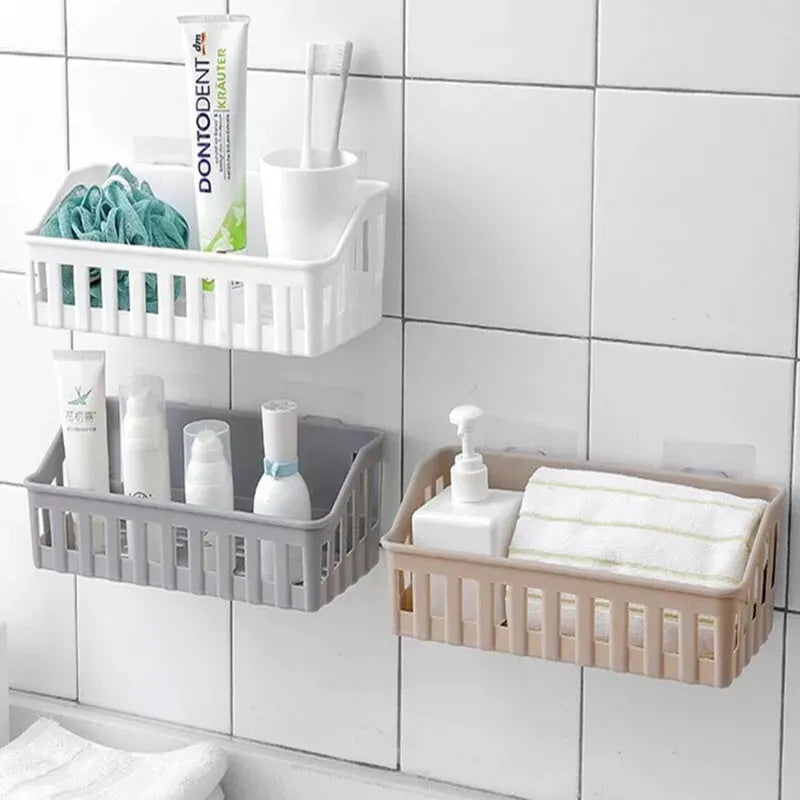 Wall mounted storage basket 26.5x12x6cm in off-white with seamless glue fixing for kitchen or bathroom