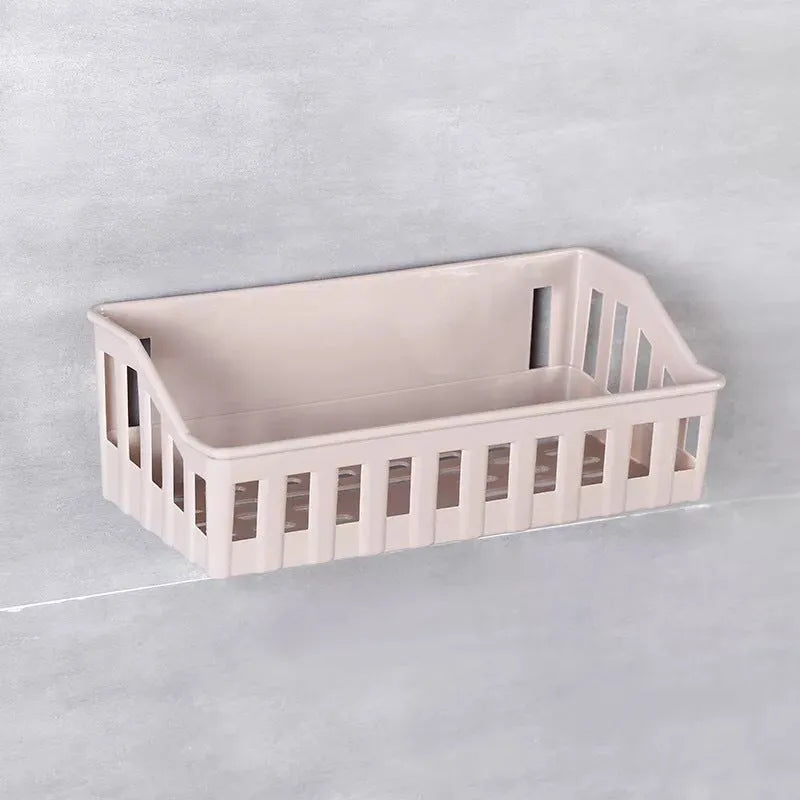 Wall mounted storage basket 26.5x12x6cm in off-white with seamless glue fixing for kitchen or bathroom