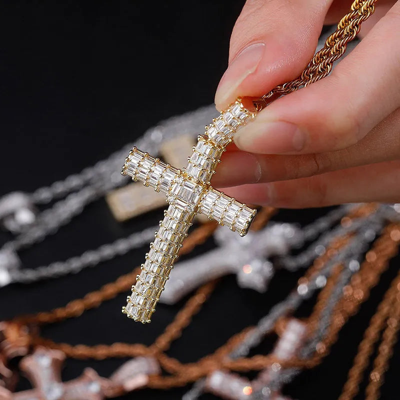 Gold iced out micro pave cubic zirconia cross pendant necklace on twisted chain