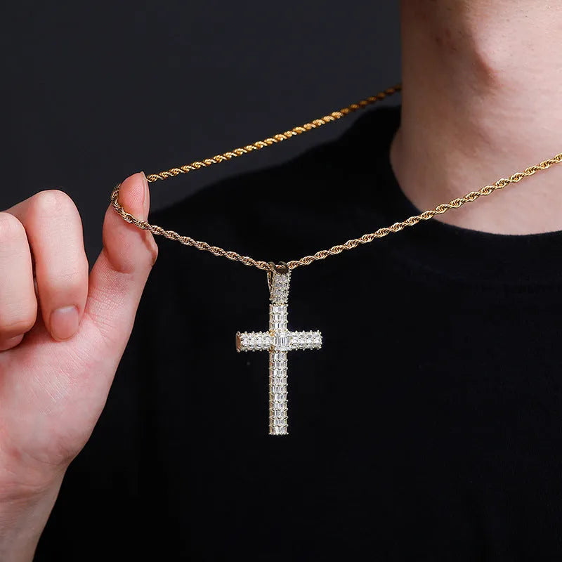 Gold iced out micro pave cubic zirconia cross pendant necklace on twisted chain
