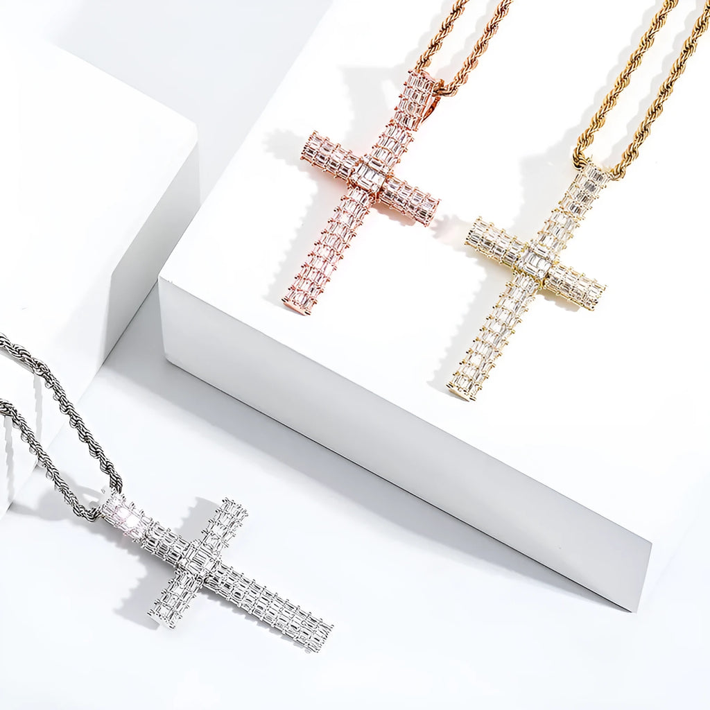 Gold iced out micro pave cubic zirconia cross pendant necklace on twisted chain
