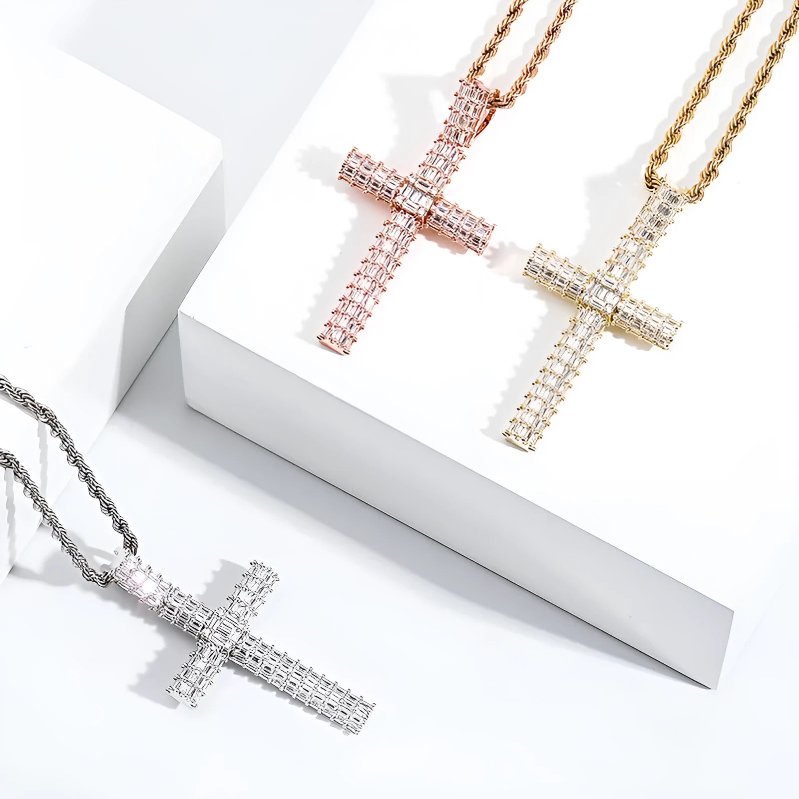 Gold iced out micro pave cubic zirconia cross pendant necklace on twisted chain