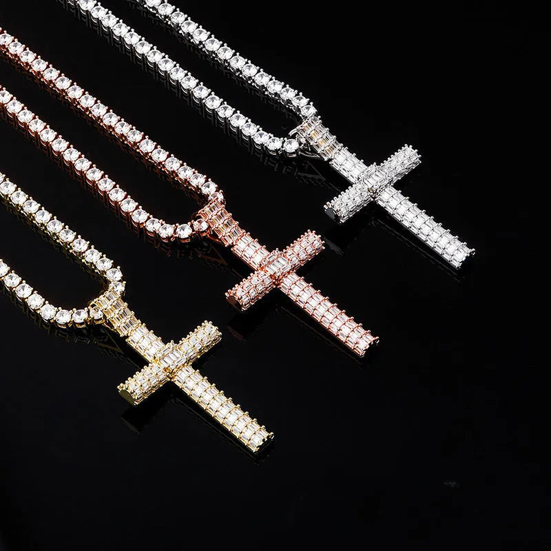 Gold iced out micro pave cubic zirconia cross pendant necklace on twisted chain