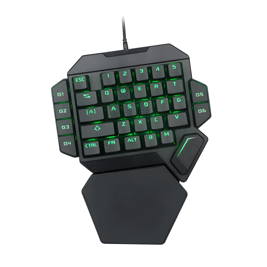 One-handed wired mechanical gaming keypad with 35 green axis keys, USB connection, shortcut keys, and wrist rest