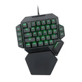 One-handed wired mechanical gaming keypad with 35 green axis keys, USB connection, shortcut keys, and wrist rest