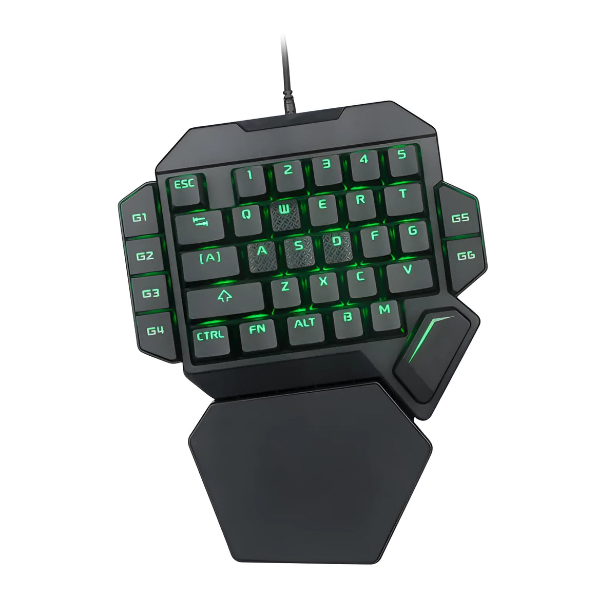 One-handed wired mechanical gaming keypad with 35 green axis keys, USB connection, shortcut keys, and wrist rest