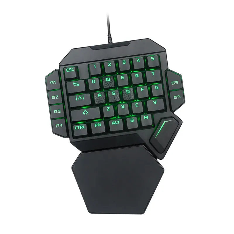 One-handed wired mechanical gaming keypad with 35 green axis keys, USB connection, shortcut keys, and wrist rest