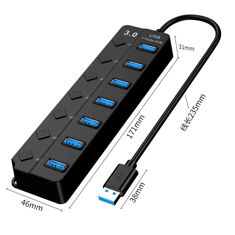 Black 7-port USB 3.0 hub with external power supply unit on a desk