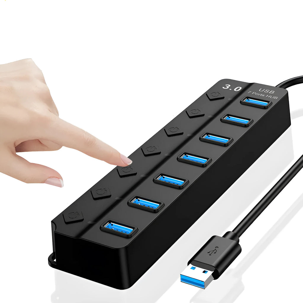 Black 7-port USB 3.0 hub with external power supply unit on a desk