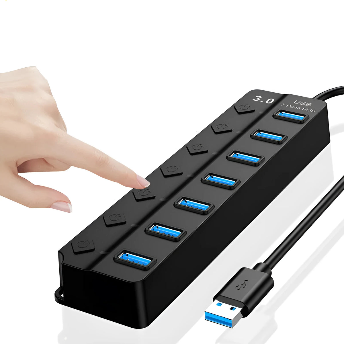 Black 7-port USB 3.0 hub with external power supply unit on a desk