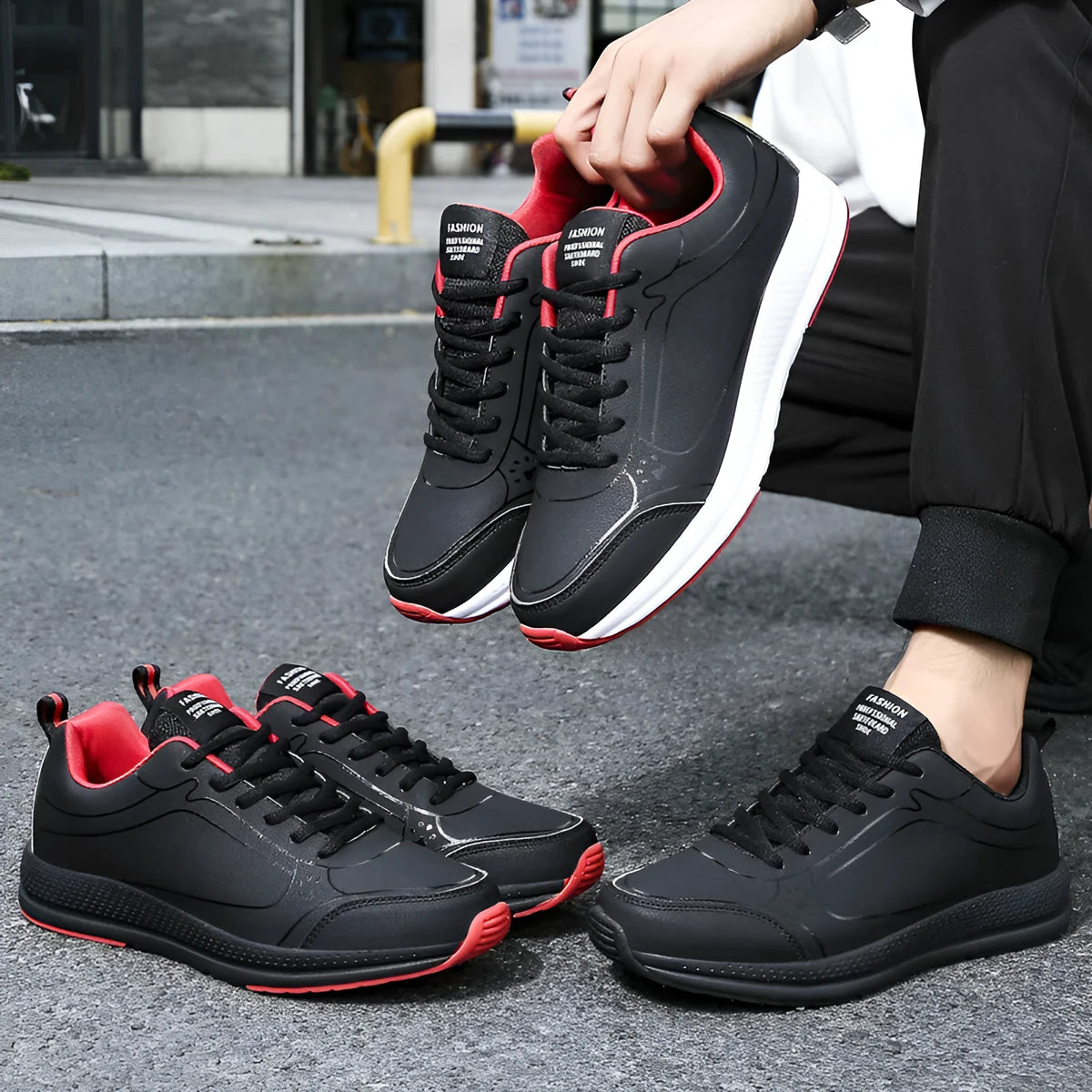 Men's casual synthetic leather colour-block lace-up shoes with rubber sole in 888 black and white on a plain background