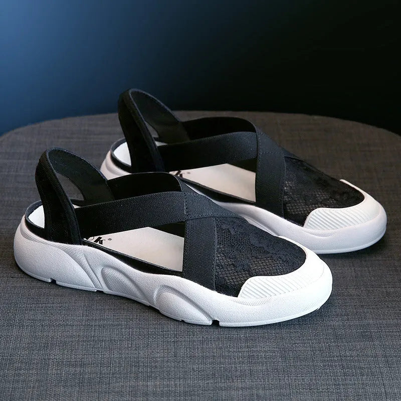 Women's fisherman sandals with lace and elastic band, muffin platform, low flat heel, rubber sole, black green white