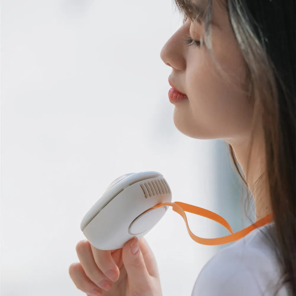 Empty City Plan hanging neck fan in white-squirrel colour with USB charging port and compact design
