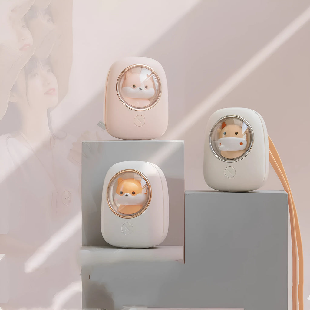 Empty City Plan hanging neck fan in white-squirrel colour with USB charging port and compact design
