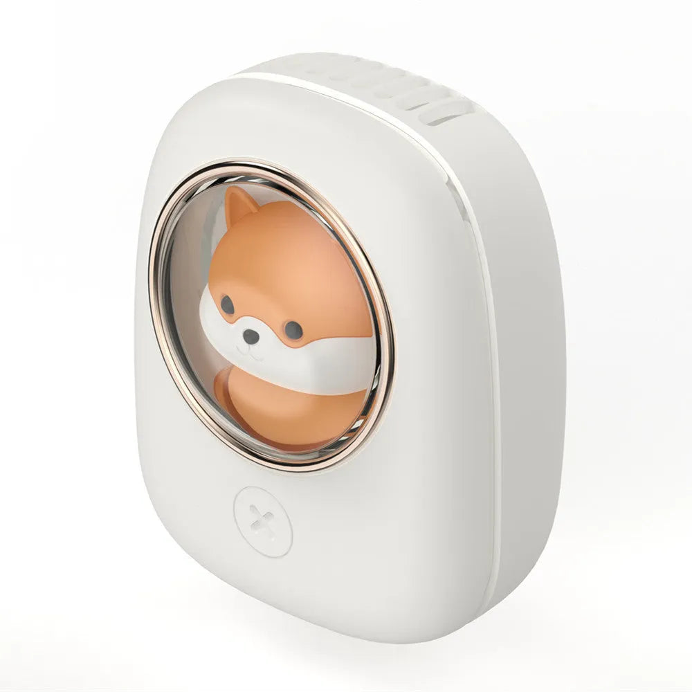 Empty City Plan hanging neck fan in white-squirrel colour with USB charging port and compact design