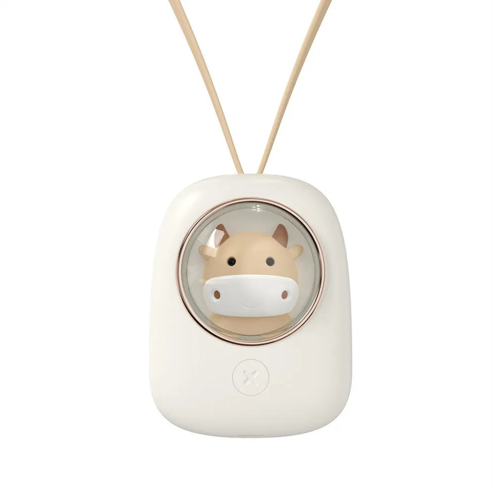 Empty City Plan hanging neck fan in white-squirrel colour with USB charging port and compact design