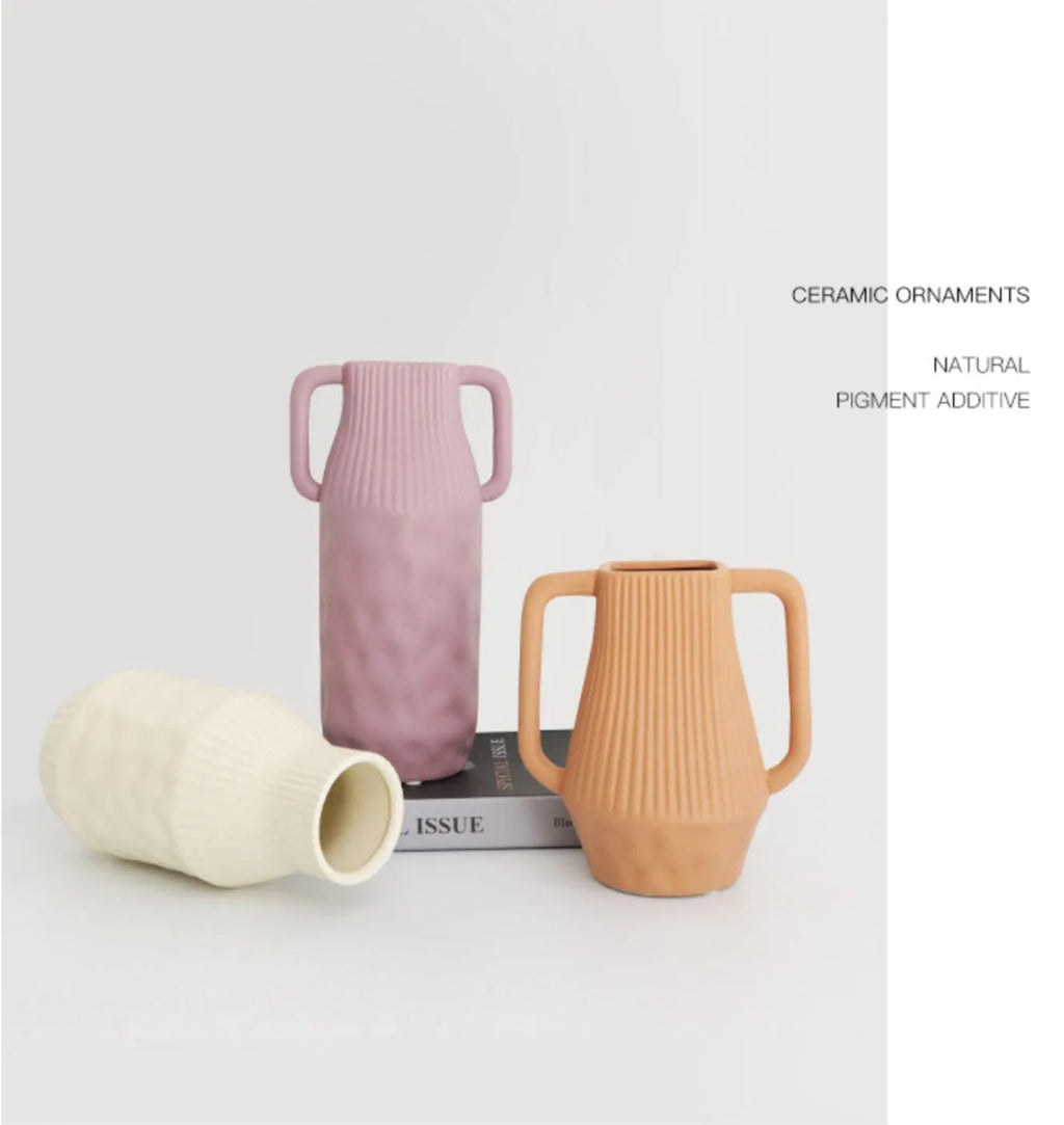 Hammered ceramic vase in Nordic Morandi style with beige glaze finish
