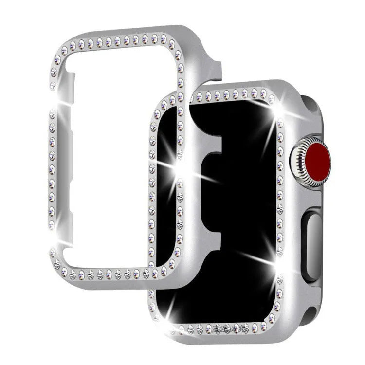 Aluminium alloy diamond protective case for Apple Watch in silver, black, rose gold, rose pink, and gold.