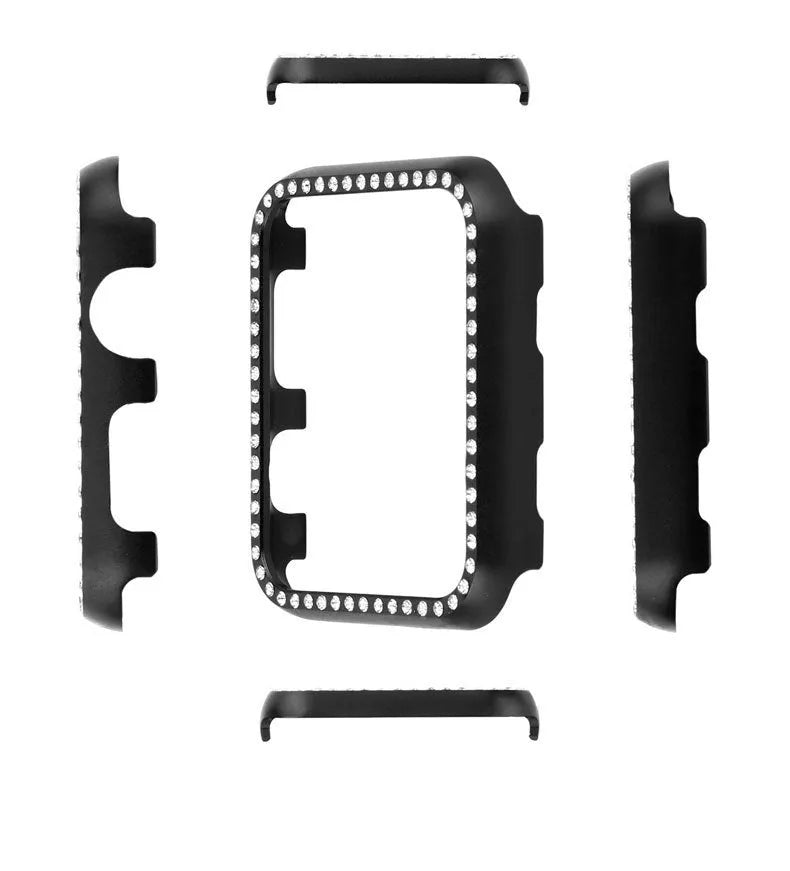Aluminium alloy diamond protective case for Apple Watch in silver, black, rose gold, rose pink, and gold.