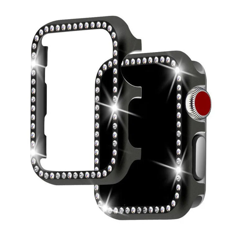 Aluminium alloy diamond protective case for Apple Watch in silver, black, rose gold, rose pink, and gold.