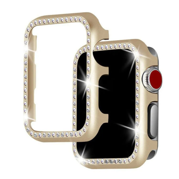 Aluminium alloy diamond protective case for Apple Watch in silver, black, rose gold, rose pink, and gold.