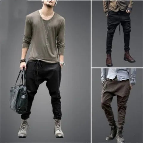 Men's loose fit jogger sweatpants in black or brown, long harem style trousers, 510g per pair, sizes S to XXXL