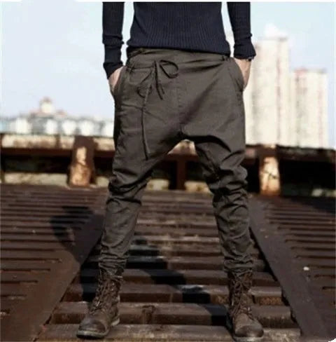 Men's loose fit jogger sweatpants in black or brown, long harem style trousers, 510g per pair, sizes S to XXXL