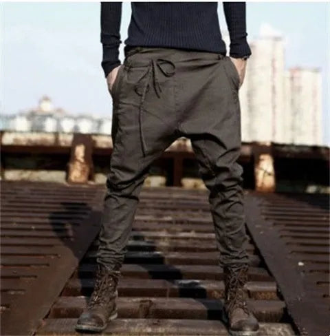 Men's loose fit jogger sweatpants in black or brown, long harem style trousers, 510g per pair, sizes S to XXXL