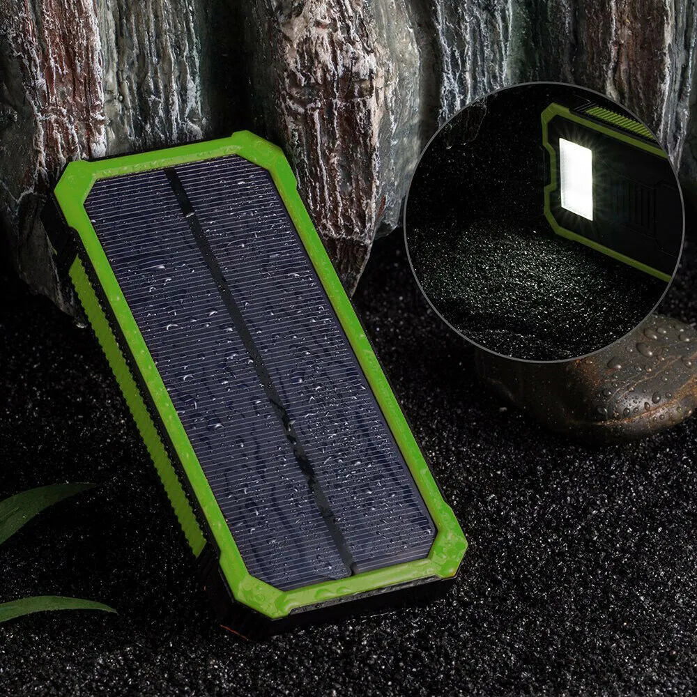 Orange solar power bank showing multiple USB ports and displaying 20000 mAh capacity