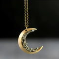 Ancient gold crescent necklace with broken crystal, 3.3cm pendant and 46+5cm adjustable alloy chain