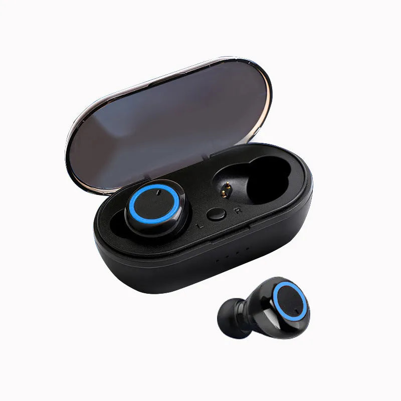 Black and red two-tone True Wireless Stereo Bluetooth earbuds with a charging case.