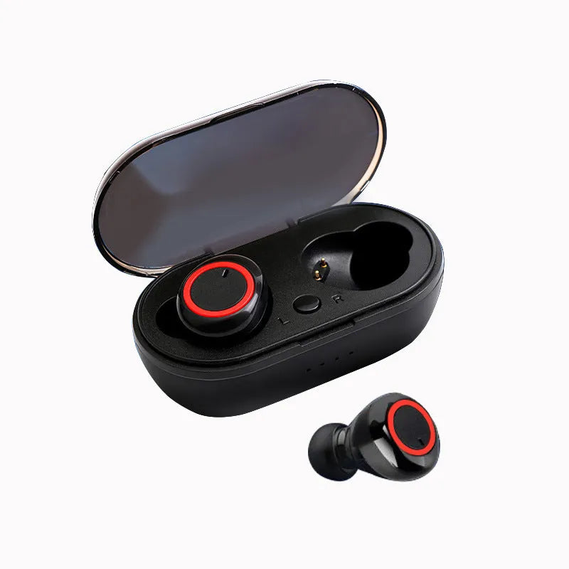 Black and red two-tone True Wireless Stereo Bluetooth earbuds with a charging case.