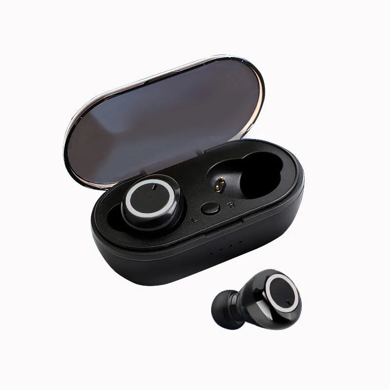 Black and red two-tone True Wireless Stereo Bluetooth earbuds with a charging case.