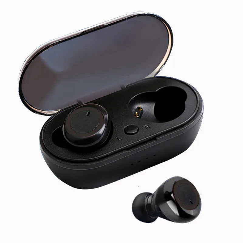 Black and red two-tone True Wireless Stereo Bluetooth earbuds with a charging case.