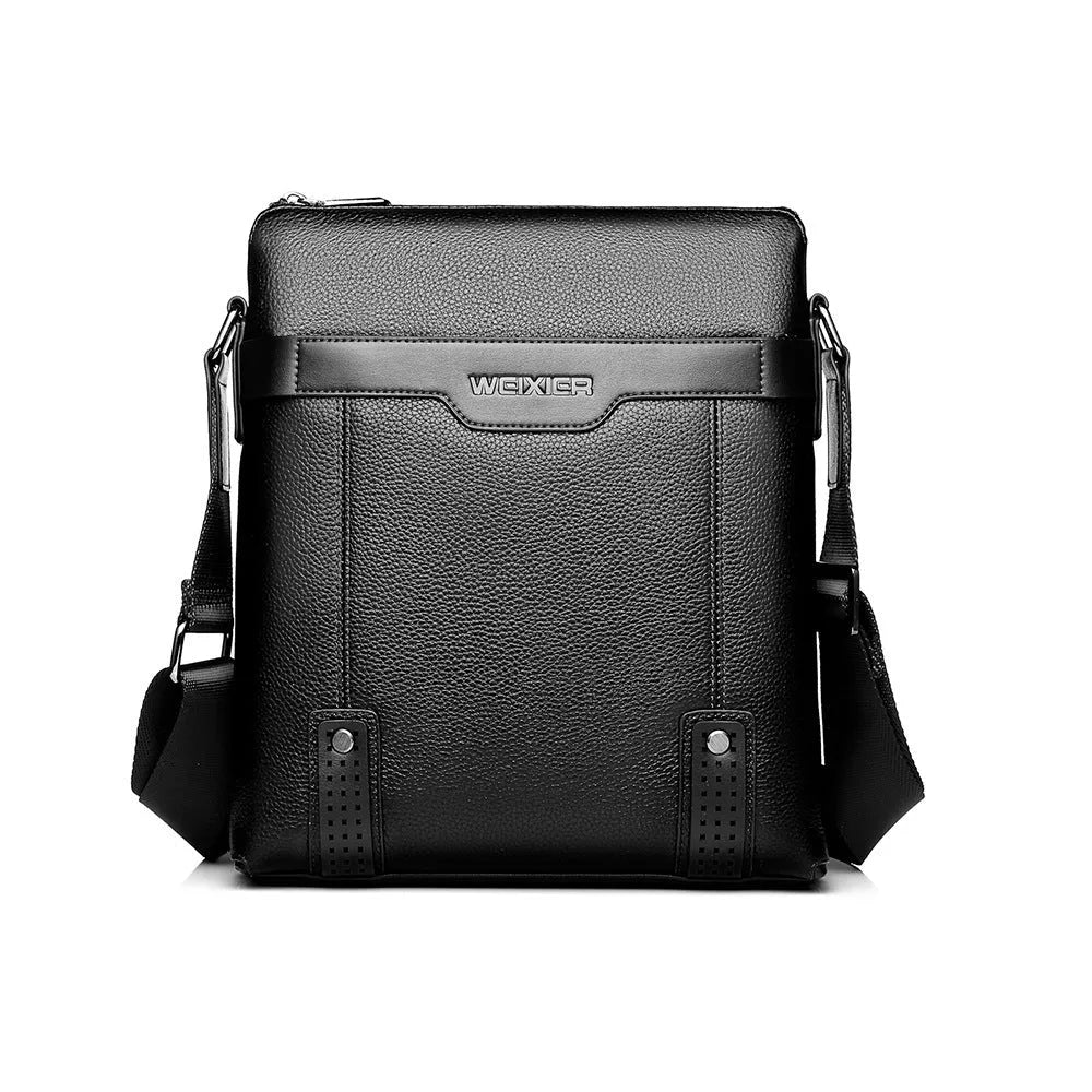 Men's black PU leather shoulder bag with square vertical shape and single strap