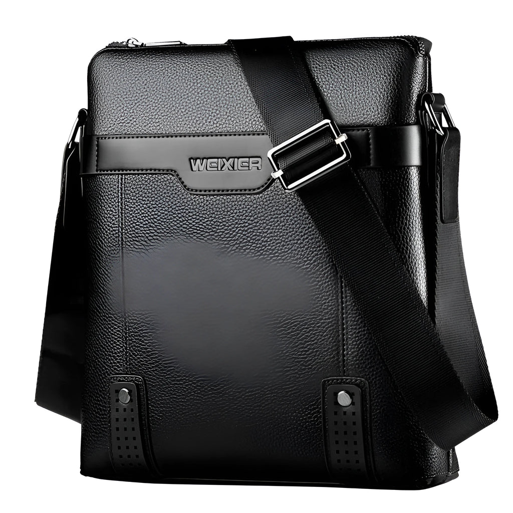 Men's black PU leather shoulder bag with square vertical shape and single strap