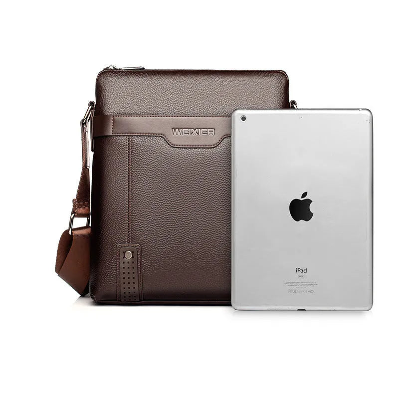 Men's black PU leather shoulder bag with square vertical shape and single strap