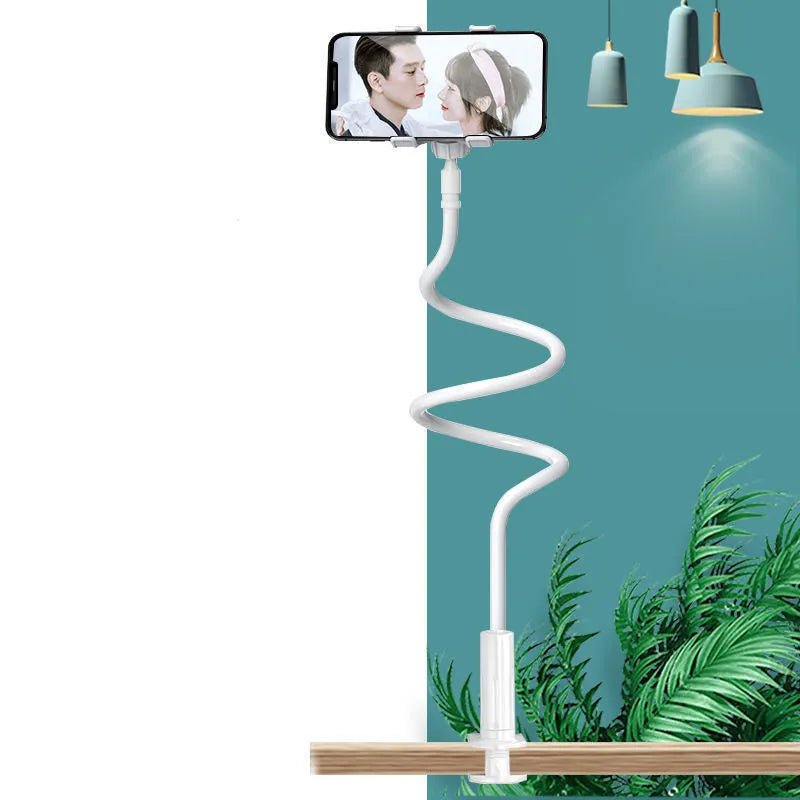 Blue mobile phone holder with flexible memory alloy hose mounted on bedside