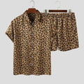 Men's leopard print short sleeve lapel shirt and shorts set in Green or Khaki, sizes S to 5XL