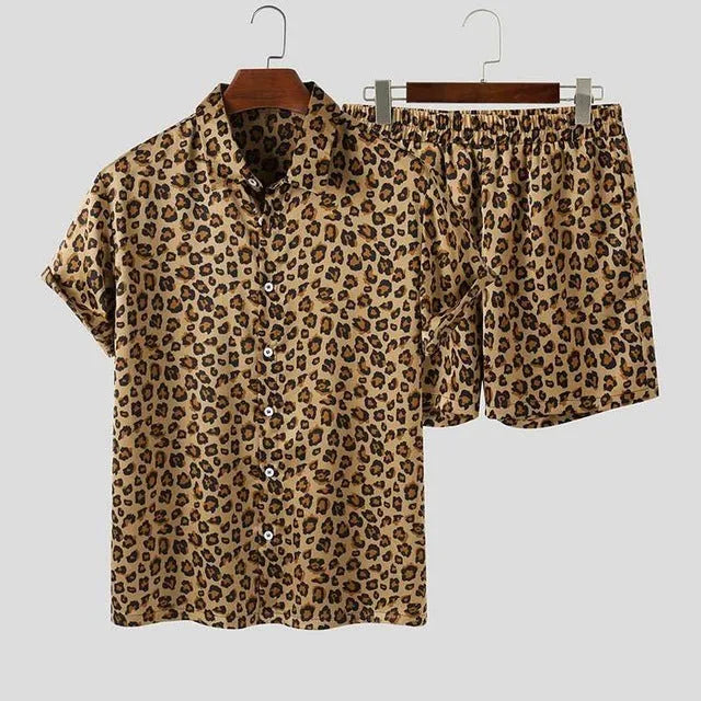 Men's leopard print short sleeve lapel shirt and shorts set in Green or Khaki, sizes S to 5XL