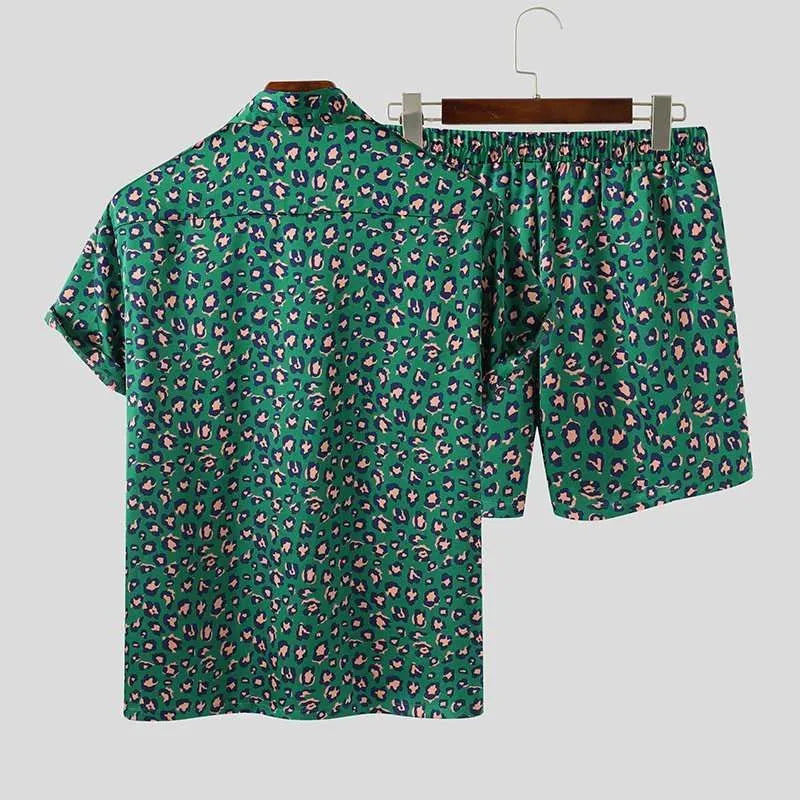Men's leopard print short sleeve lapel shirt and shorts set in Green or Khaki, sizes S to 5XL