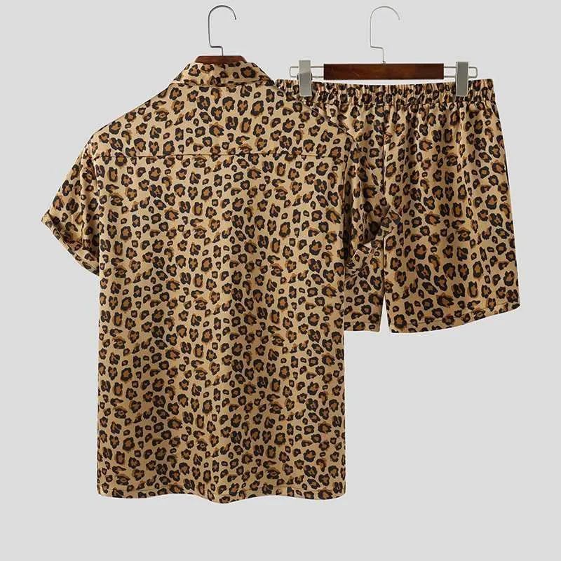 Men's leopard print short sleeve lapel shirt and shorts set in Green or Khaki, sizes S to 5XL