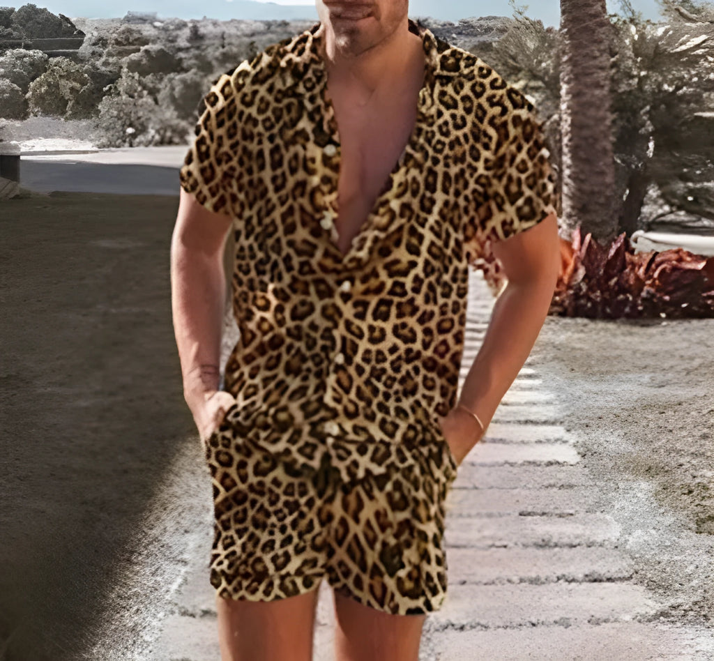 Men's leopard print short sleeve lapel shirt and shorts set in Green or Khaki, sizes S to 5XL