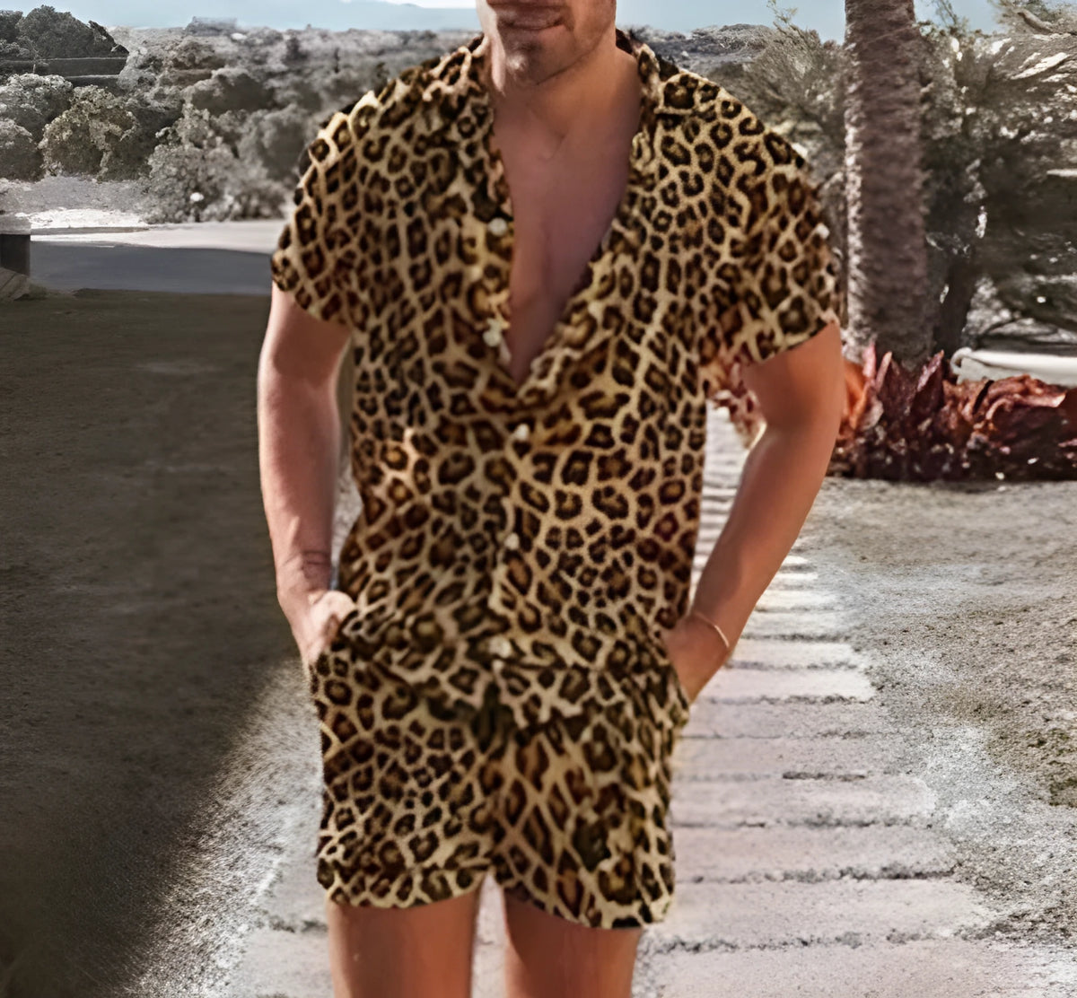 Men's leopard print short sleeve lapel shirt and shorts set in Green or Khaki, sizes S to 5XL