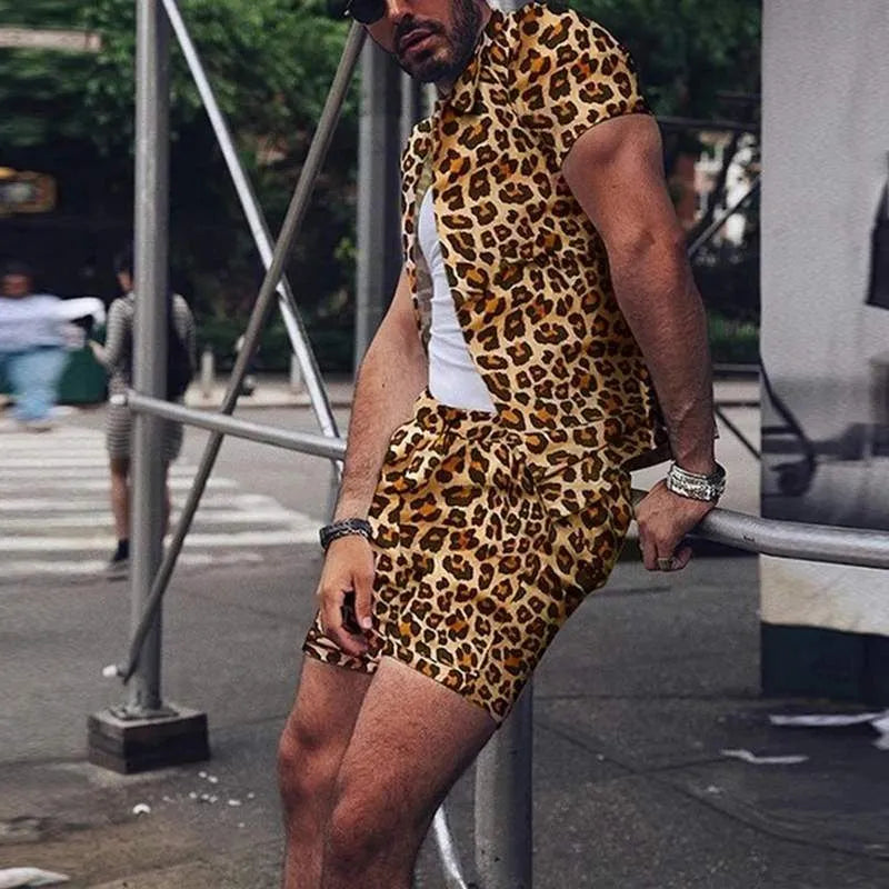 Men's leopard print short sleeve lapel shirt and shorts set in Green or Khaki, sizes S to 5XL