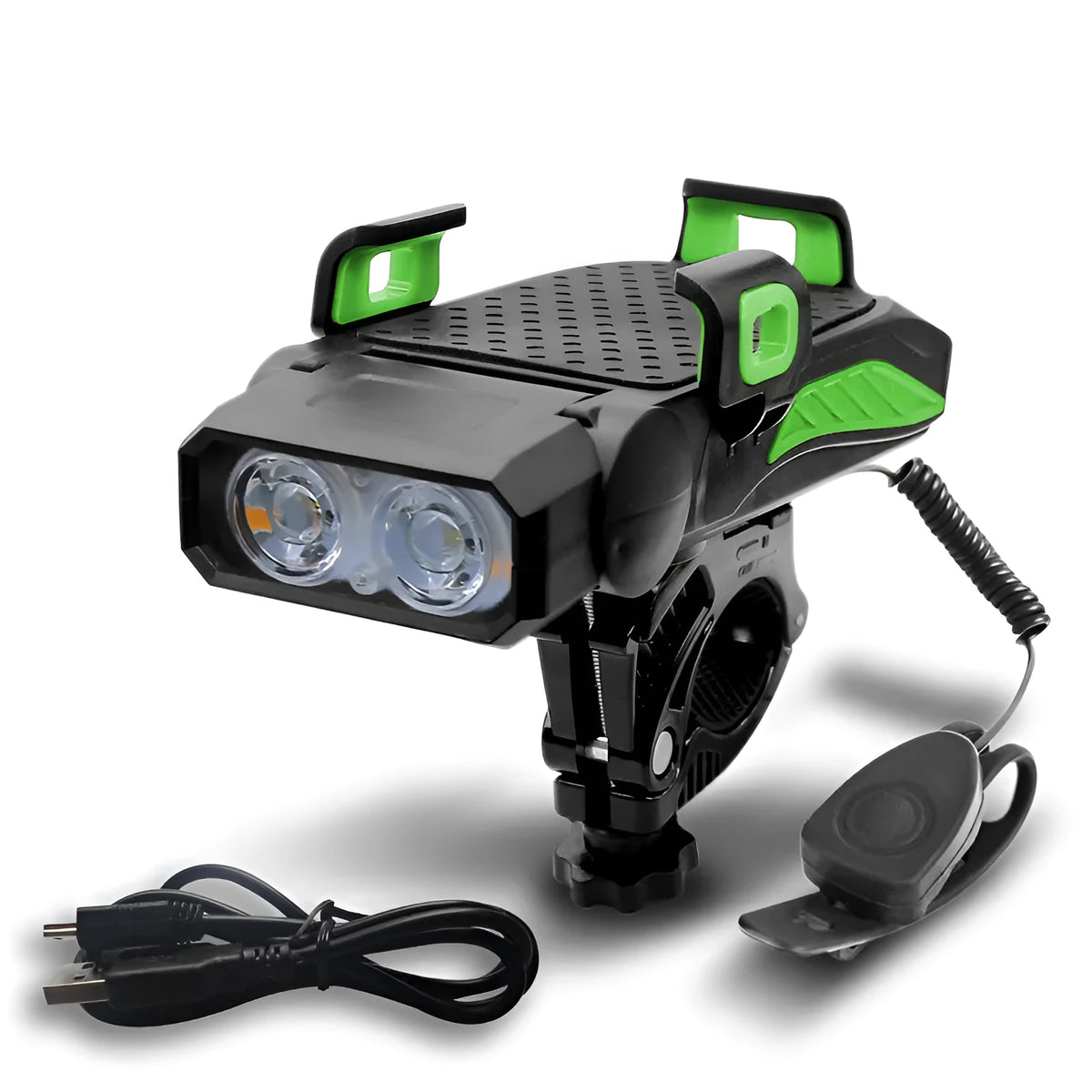 Rechargeable bicycle light mounted on handlebars in available colours with single or double lamp options