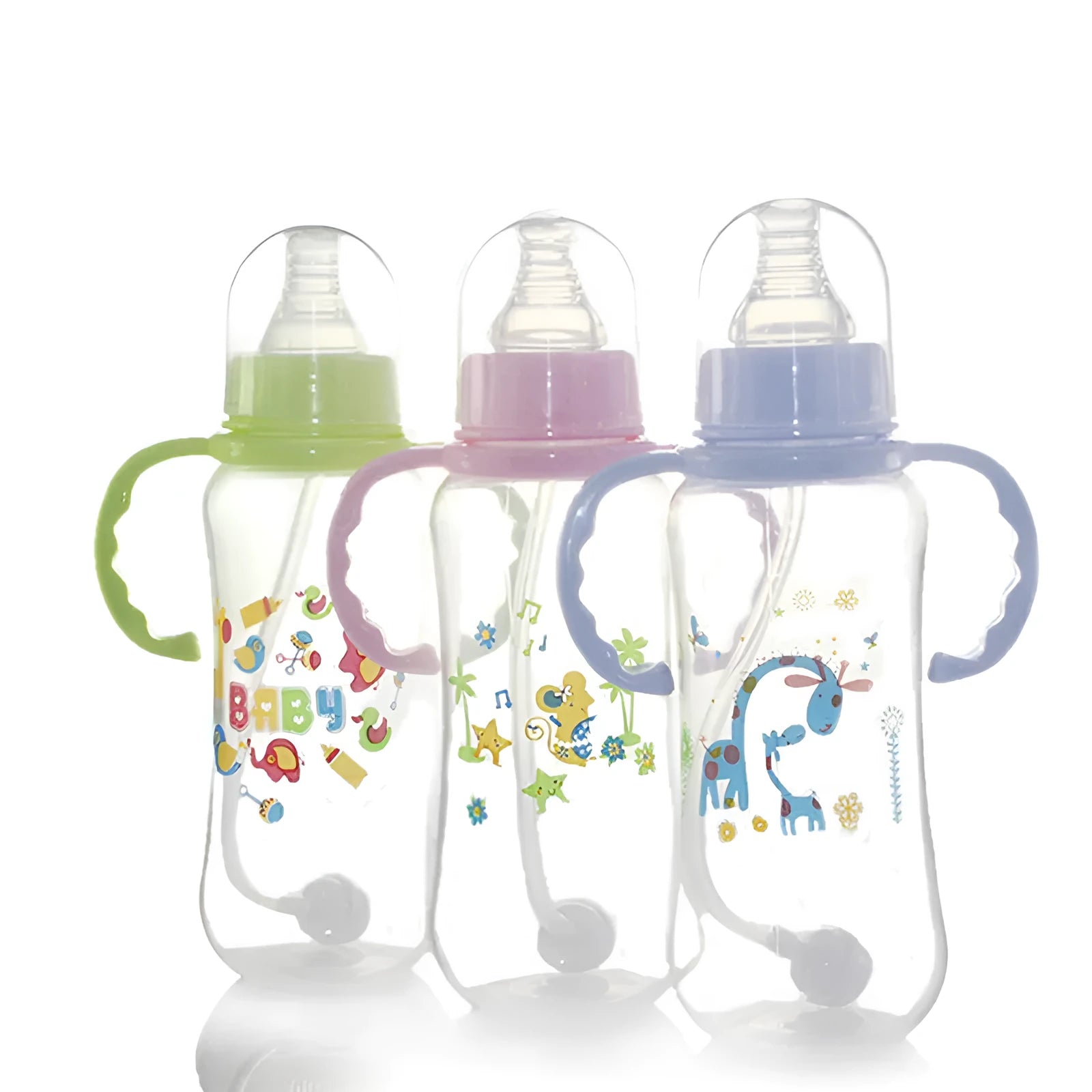 Children's baby standard mouth PP feeding bottle 280mL arc shape in pink, green, and blue colours