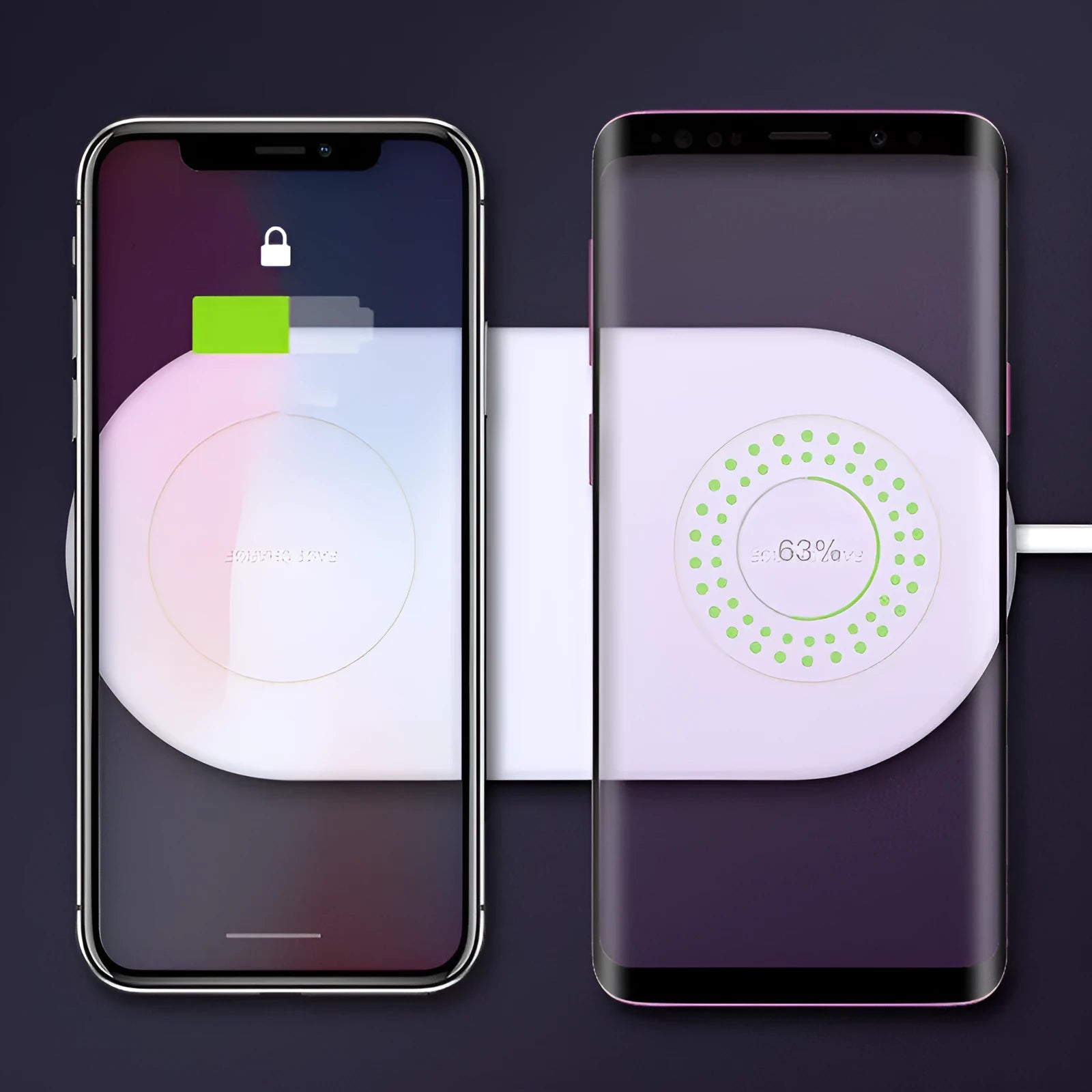 White dual-charge wireless charger for two mobile phones with fast charging capability