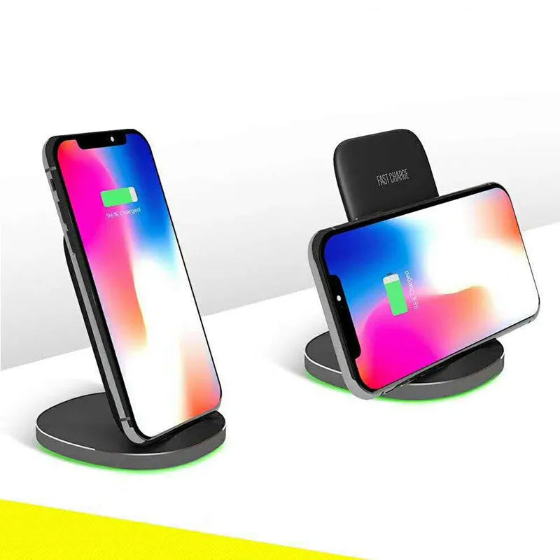 Vertical wireless charger desktop dock in white or black with fast charge and simple upright stand design