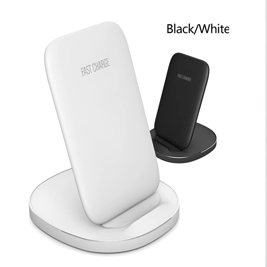 Vertical wireless charger desktop dock in white or black with fast charge and simple upright stand design
